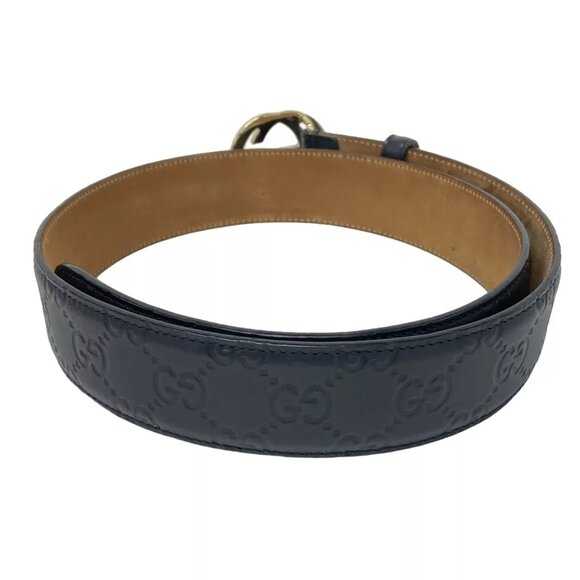 Auth GUCCI Interlocking G/Ssima Line Black Gold Leather Hardware Belt 283-121524 - Picture 2 of 7